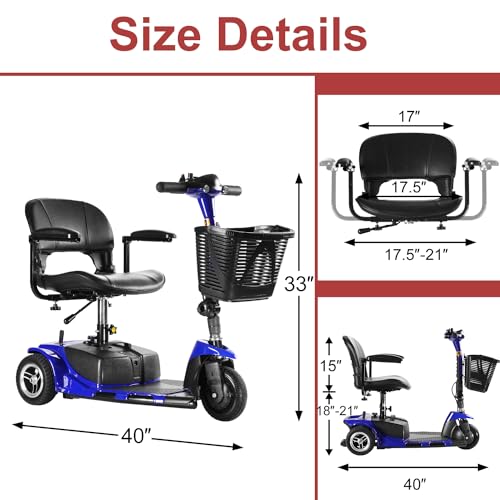 4 Wheel Battery Powered Electric Mobility Scooter - Electric Transportation Wheelchair - Compact Heavy Duty Mobility for Travel, Adults and Seniors includes Basket and Charger (Red)
