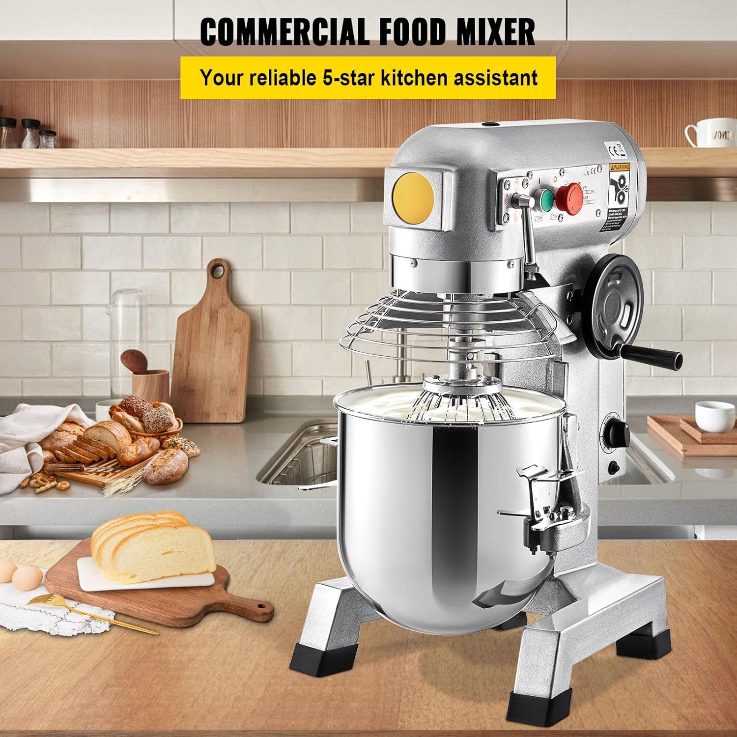 Heavy Duty 15Qt Commercial Food Mixer with Timing Function, 500W Stainless Steel Bowl, 3 Adjustable Speeds - Dough Hook Whisk Beater Included - Perfect for Bakery Pizzeria