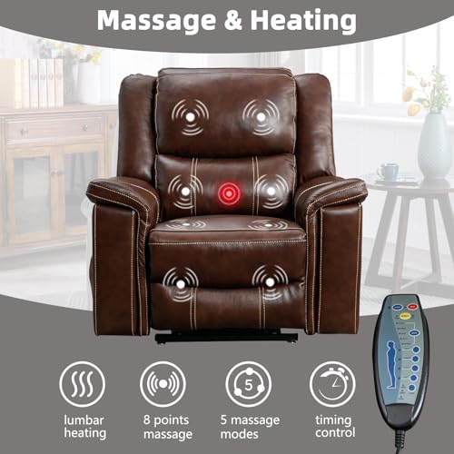 CANMOV Large Genuine Leather Power Lift Recliner Chair for Elderly, Lay Flat Dual Motor Recliner with Massage and Heated, Electric Lift Chair for Seniors with Cup Holders, Side Pocket, Dark Brown