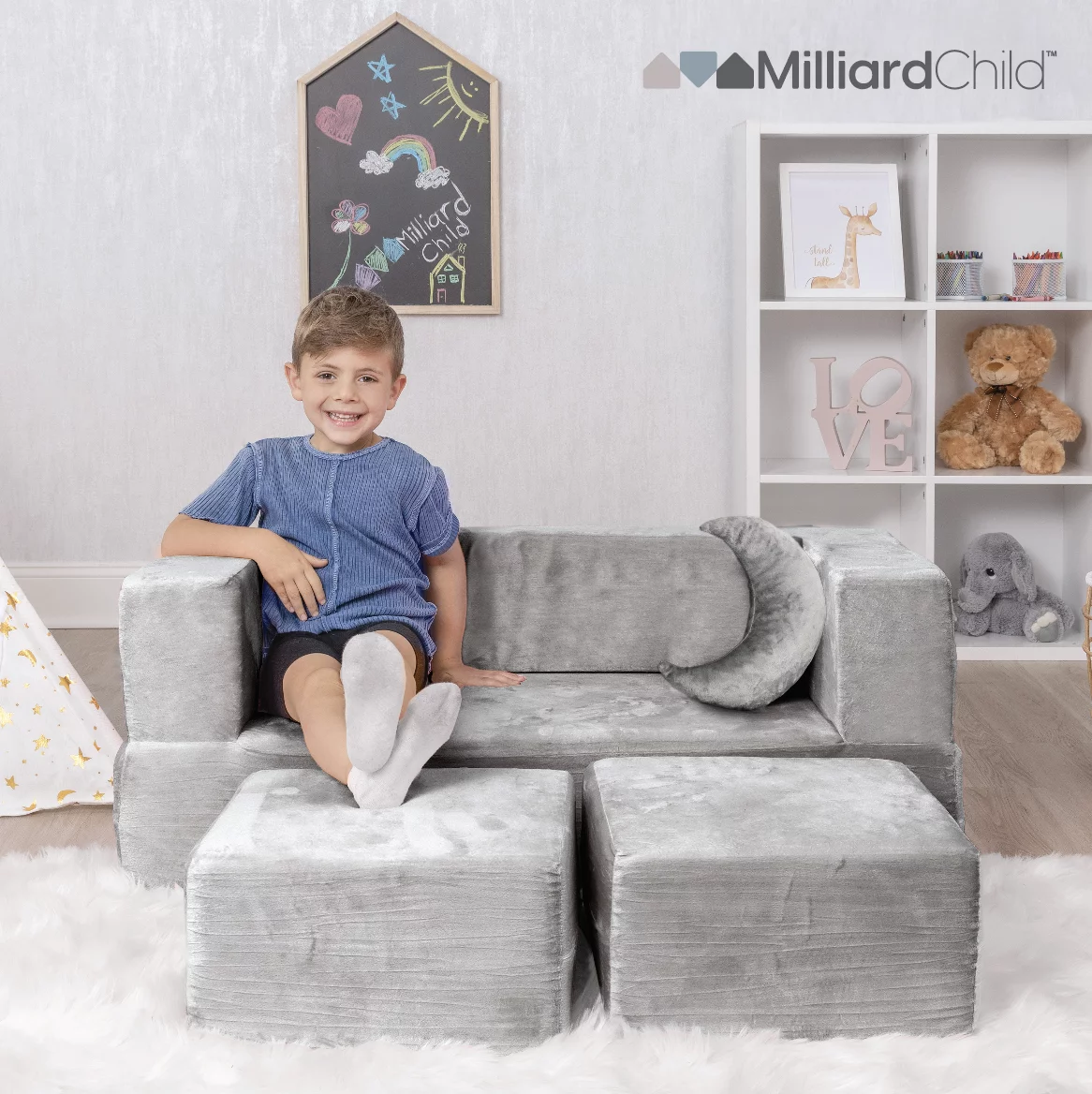 Milliard Kids Couch - Modular Kids Sofa for Toddler and Baby, Velour Cover, Color: Grey