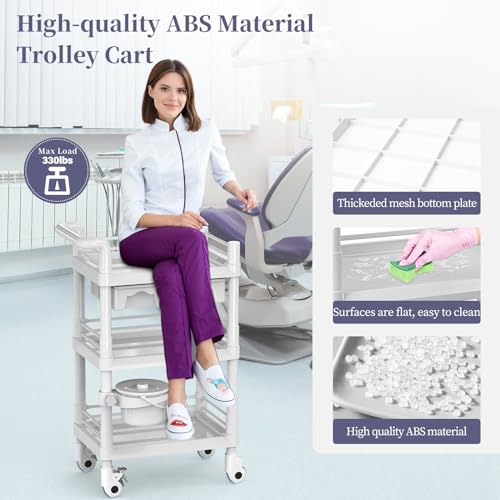 Beauty Trolley Cart with Wheels, Esthetician Cart with Handrail, Bucket and 2 Big Drawer, 2 Tier Heavy Duty Beauty Salon SPA Cart, Load 330lbs, 360° Rotate Silent Wheels