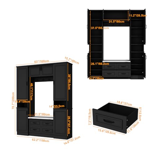 Homsee 78.7”H Hall Tree with 4 Double Coat Racks and Cushioned Bench, Modern Entryway Storage Organizer Cabinet with 6 Doors, 4 Drawers and Adjustable Shelves, Black