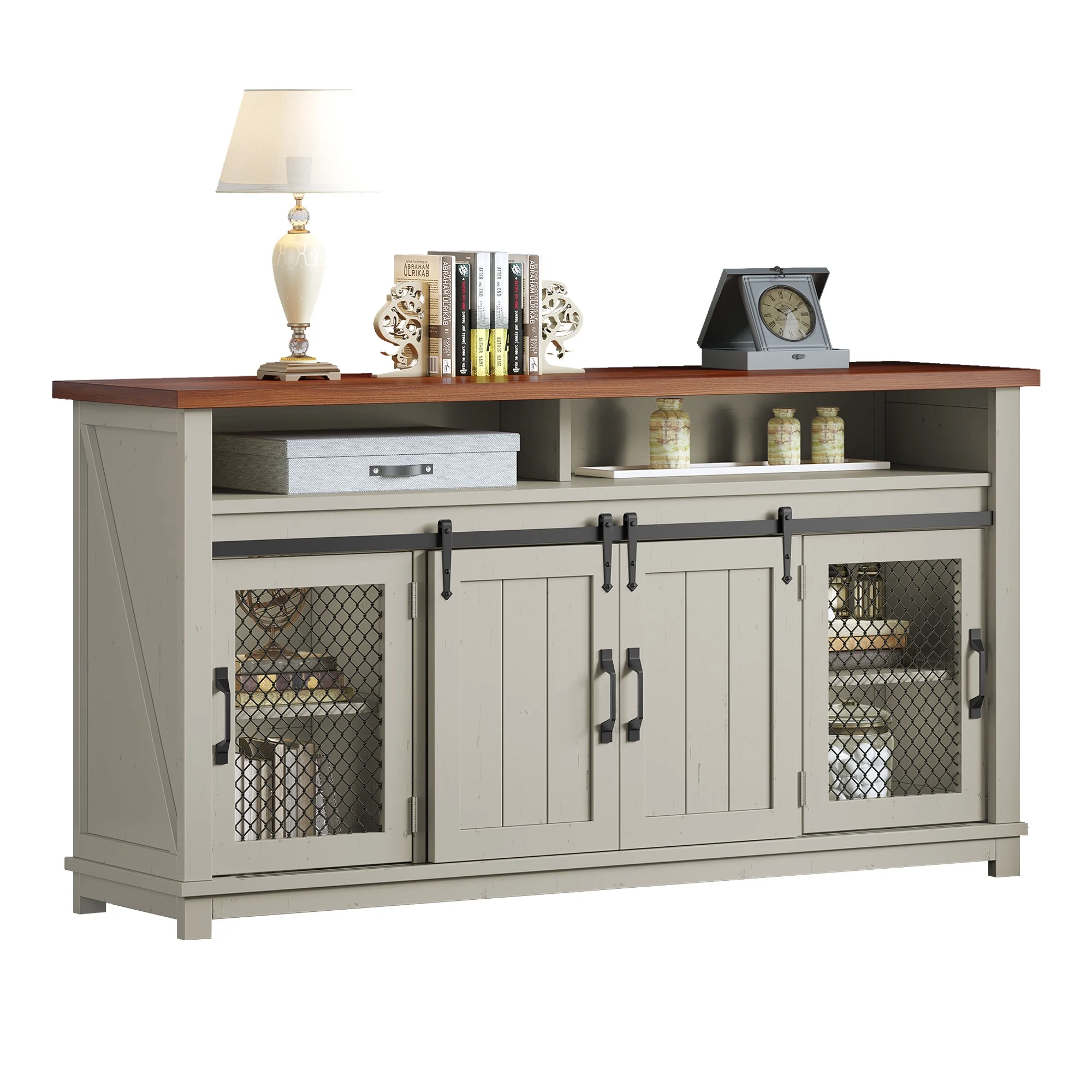 Dextrus Farmhouse Coffee Bar Cabinet, 63" Sideboard Buffet Cabinet with 2 Sliding Barn Door & 2 Visual Grid Doors, Buffet Storage Cabinet, Antique White