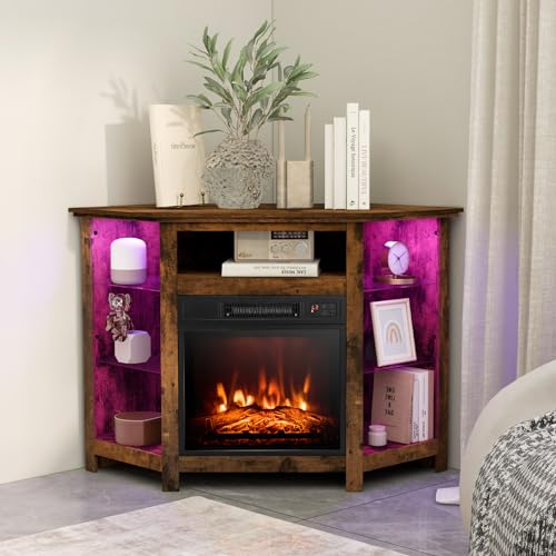Fireplace Corner TV Stand, Entertainment Center for 50 Inch TV w/LED Lights Adjustable Shelves Overheat Protection Remote/APP Control, TV Console w/Built-in Electric Fireplace (Rustic Brown)