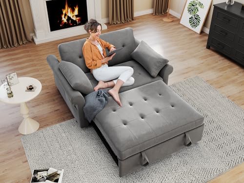DWVO Sleeper Sofa Bed 3-in-1 Convertible Couch with Pullout Bed, 55'' Loveseat Sleeper Sofa Bed with Reclining Backrest with 2 Pillows and Storage Bag for Living Room, Bedroom, Apartment, Blue Gray