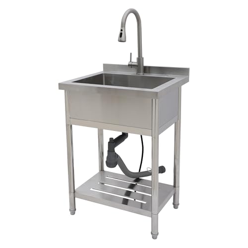 Lordear Stainless Steel Utility Sink 24 Inch - 24"x21" Freestanding Stainless Steel Kitchen Sink Single Bowl Commercial and Residential Use for Laundry Room Garage Outdoor and Kitchen