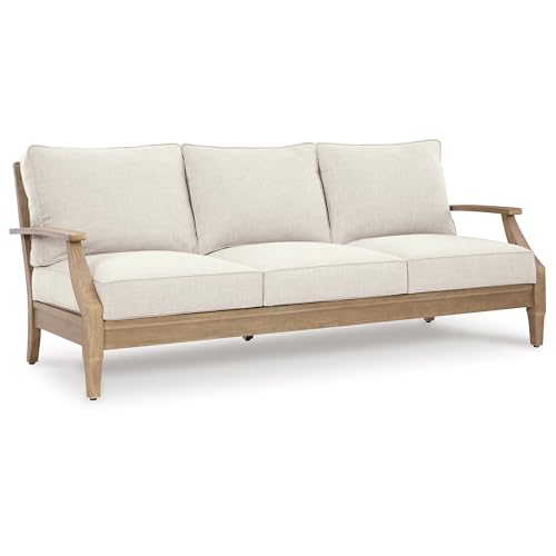 Signature Design by Ashley Carter Hall Outdoor Eucalyptus Patio Sofa with Cushion, Beige