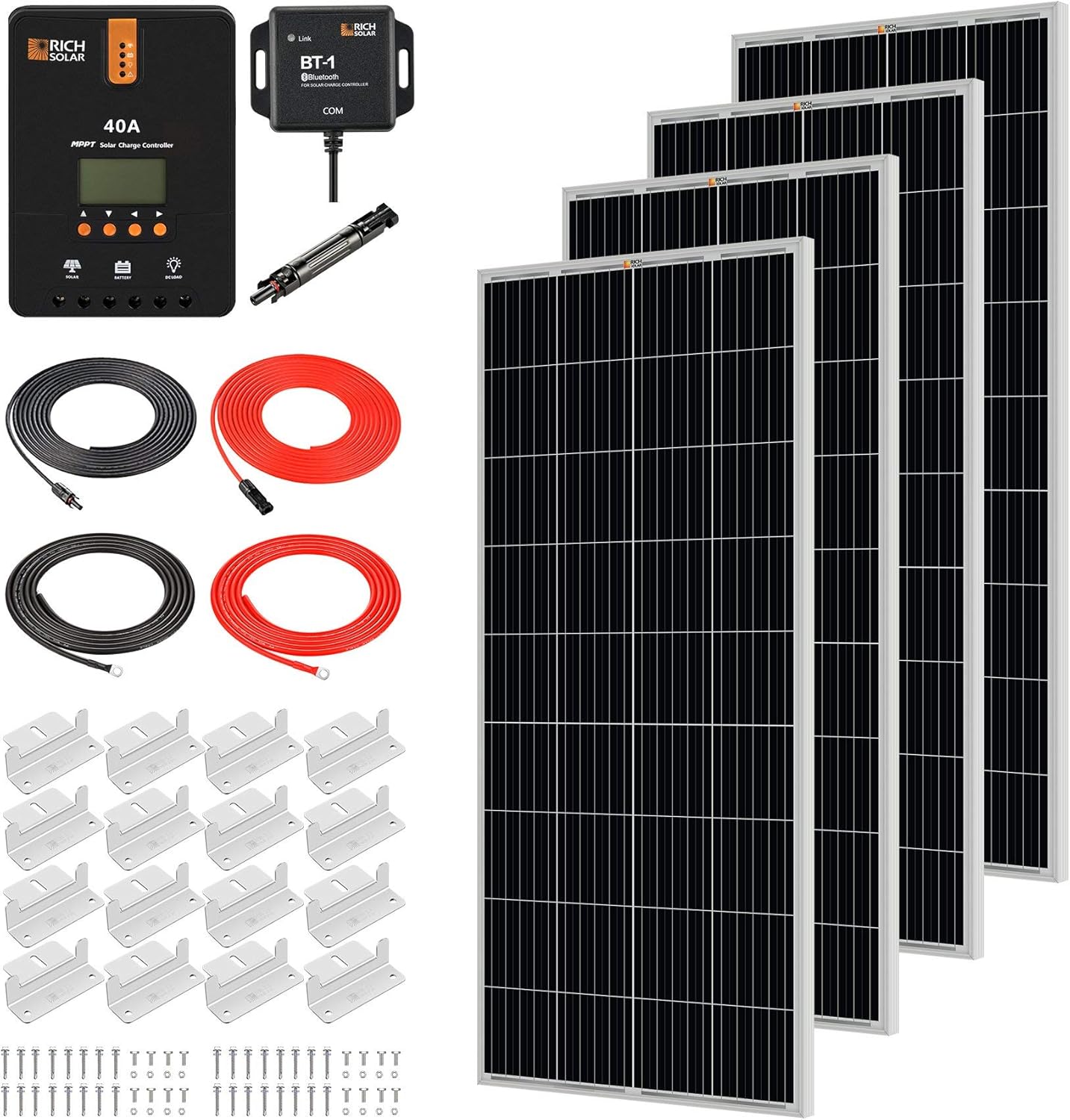 RICH SOLAR 400 Watt 12 Volt 2 Pcs 200W Panel+40A MPPT Charge Controller+ Bluetooth Module Fuse+ Mounting Z Brackets+Adaptor Kit +Tray Cables Set,Grid 12V Solar Power System