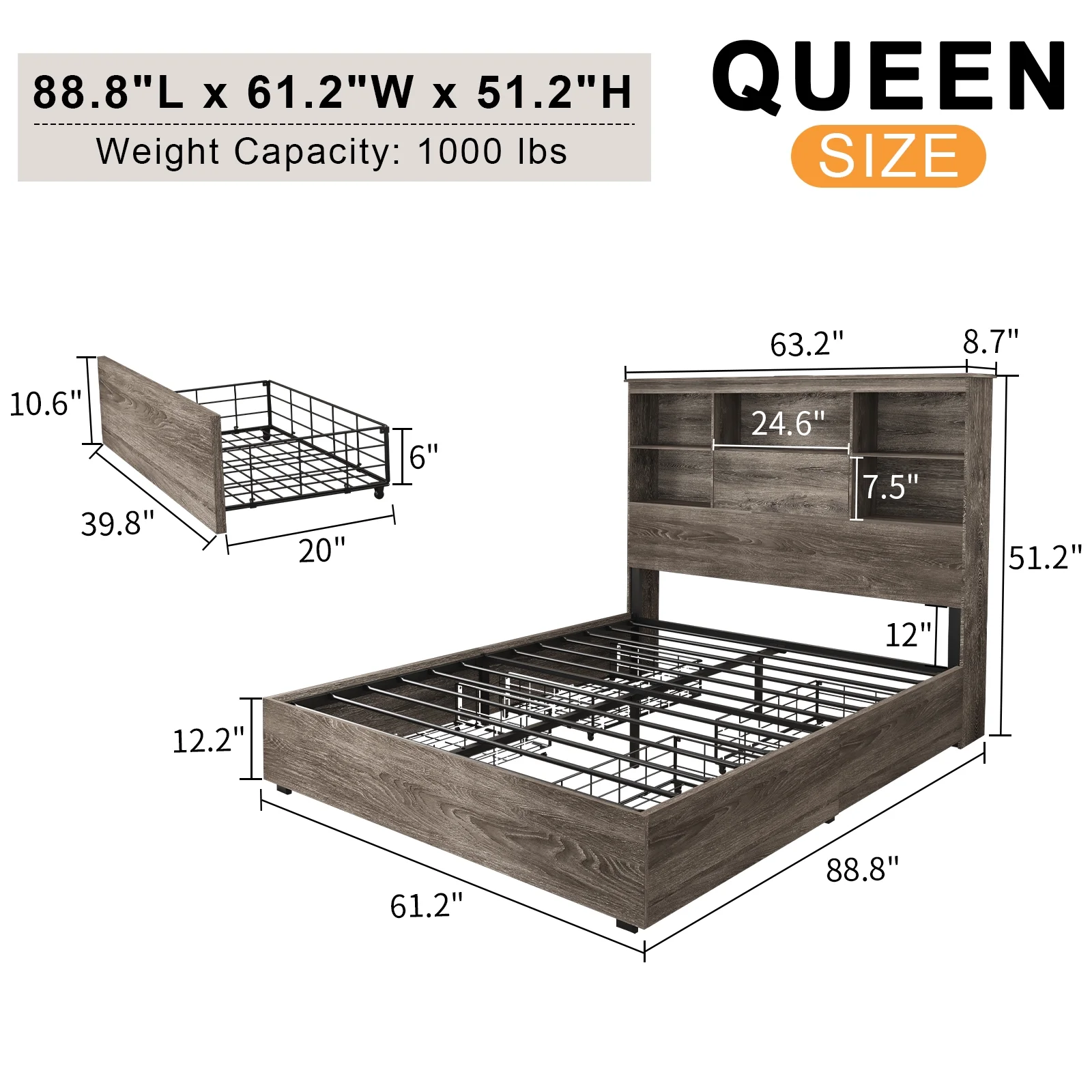 LUXOAK Queen Size Bed Frame with LED Bookcase Headboard, Wooden Storage Bed with Charging Station & 4 Drawers, No Box Spring Needed/Noise-Free/Rustic Grey