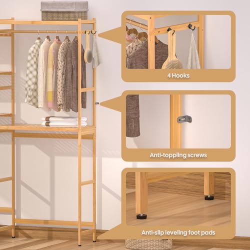 Cozivolife Over The Washer and Dryer Storage Shelf Bamboo,5 Tiers Laundry Room Drying Rack with Adjustable Shelves and 4 Hooks,Space Saver Organizer for Hanging Clothes and Towels