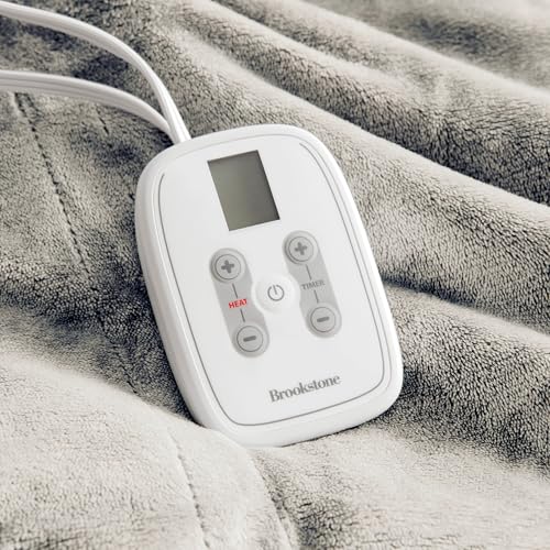 Brookstone Electric Heated Plush Blanket w/ 10 Heat Settings - Adjustable Timer, 12-Hour Auto Shut Off - Machine Washable & Dryer Safe - Polyester Velvet Blanket, King Size 100in x 90in - Taupe
