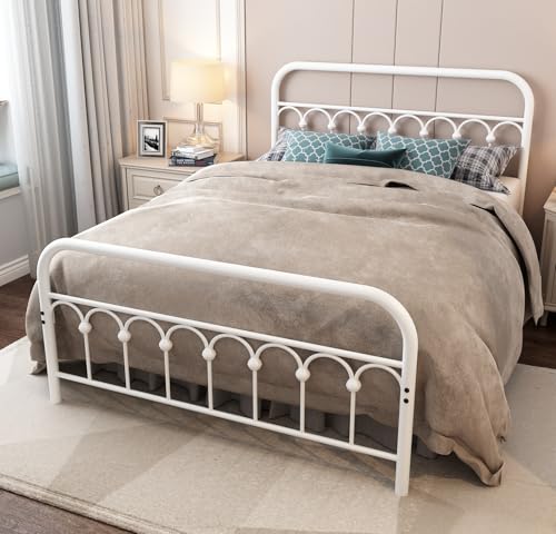 YALAXON Vintage Sturdy Queen Size Metal Bed Frame with Headboard and Footboard Basic Bed Frame No Box Spring Needed (Queen,White)