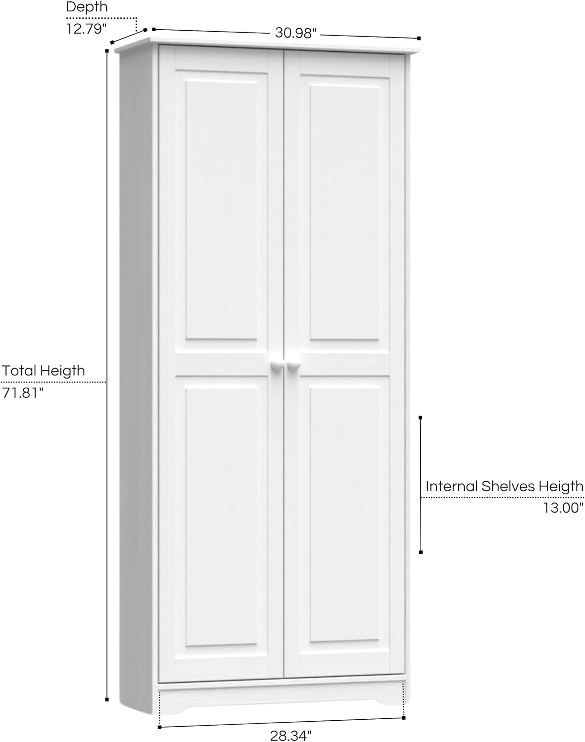 Cabinet Pantry 2 Doors Solid Wood White - Adjustable Shelves Linen Closet & Laundry Offers Ample Organization