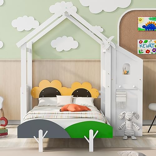 House-Shaped Twin Size Platform Bed with Windmill and Flower Decor, Solid Wood House Bed Kids Bed with Desk and 2 Handles for Girls Boys, Strong Sturdy Slats Support (at-White)