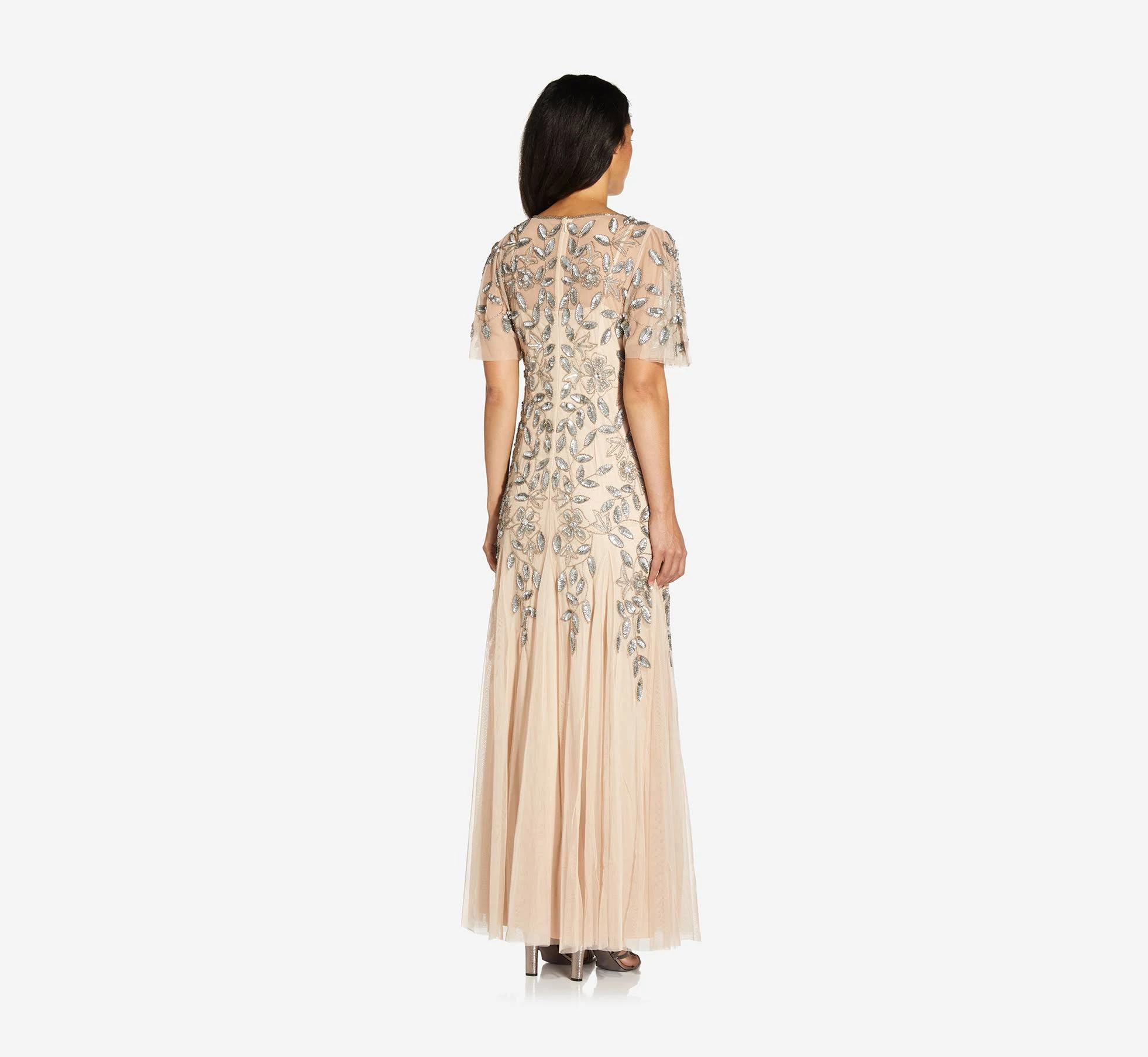 Adrianna Papell Long Floral Beaded Gown with Flutter Sleeves, Beige, Size: 16