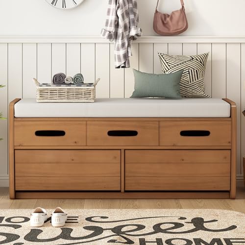 Rustic Storage Bench with 2 Drawers and Hidden Storage Space, Wooden Shoe Bench with Cushion and Striped Door Design for Living Room, Entryway, Hallway (White)
