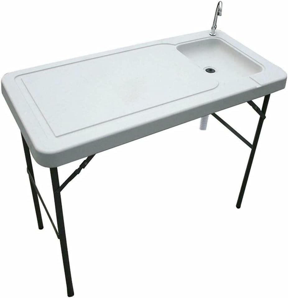 PMSW FCT01 Fishing Cleaning Table with Sink, Portable Folding Camping Sink Table Fish Fillet Table with Sink Faucet for Picnic Camping Gardening Kitchen, White