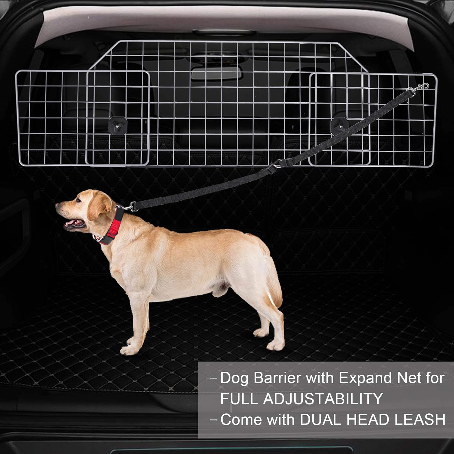 SNUGENS Dog Barrier for SUVs, Cars and Vehicles, Smooth Designed Wire Mesh Pet Barrier, Heavy-Duty Adjustable Dog Car Guard, Safety Car Divider for Cargo Area, Car Gate Fence with Dog Leash