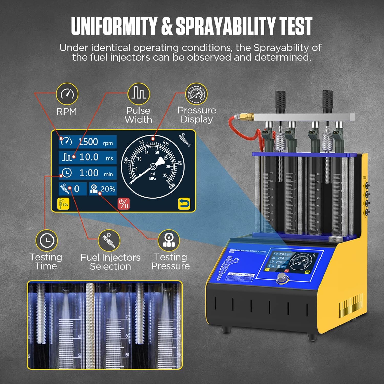 FXTUL Fuel Injector Cleaner Kit Injector Cleaner Tester Machine with 4-Cylinder Fuel Injection Cleaner Tool 220V/110V Automotive Fuel Injection System Cleaning Machine for Motorcycle Vehicle