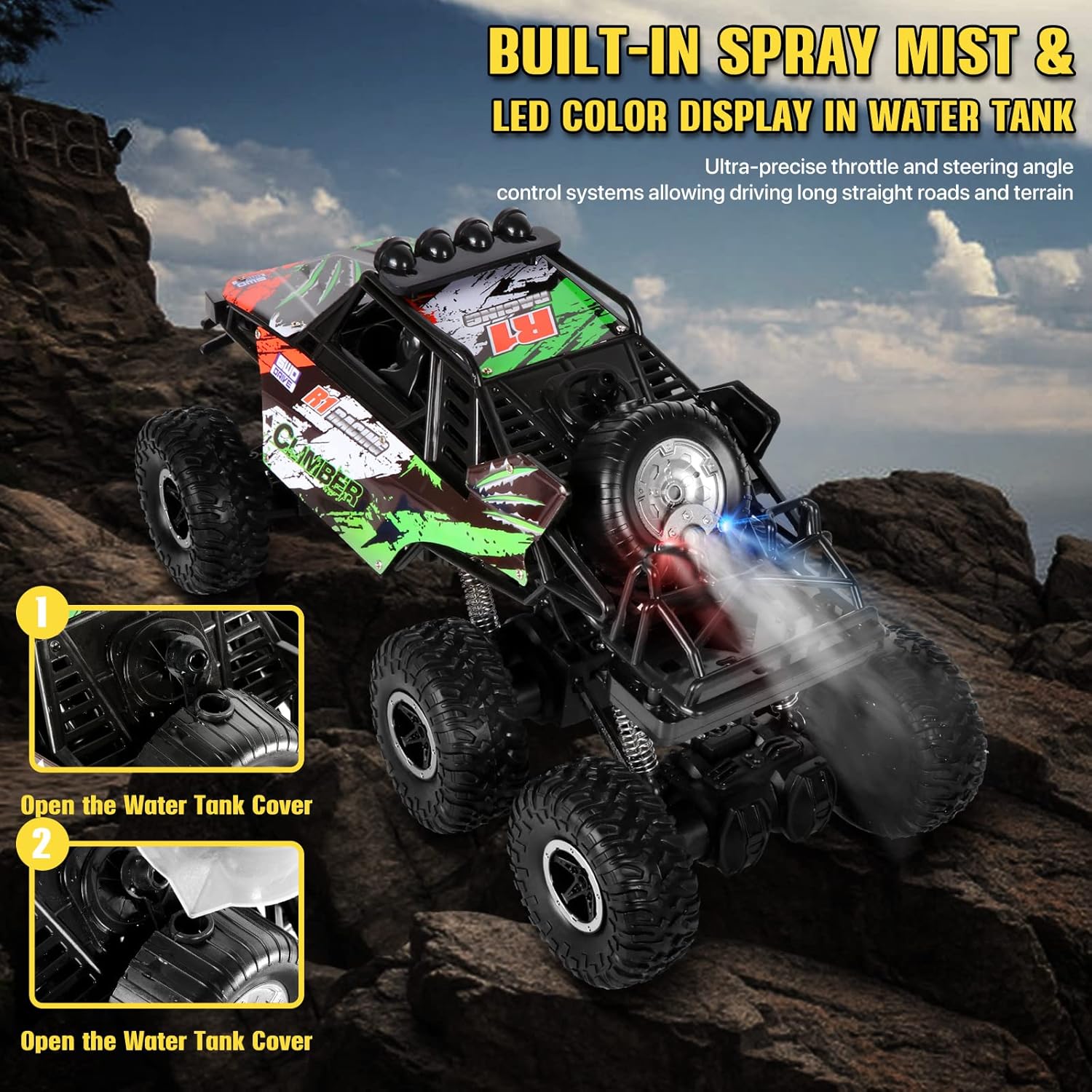 1/10 Scale Large RC Truck 2.4Ghz Remote Control Car with Color LED Mist Spray-6x6 Off-Road Remote Control Monster Truck for 40+ Min Play-All Terrains Remote Control Truck for Kids & Adults Pack of 2
