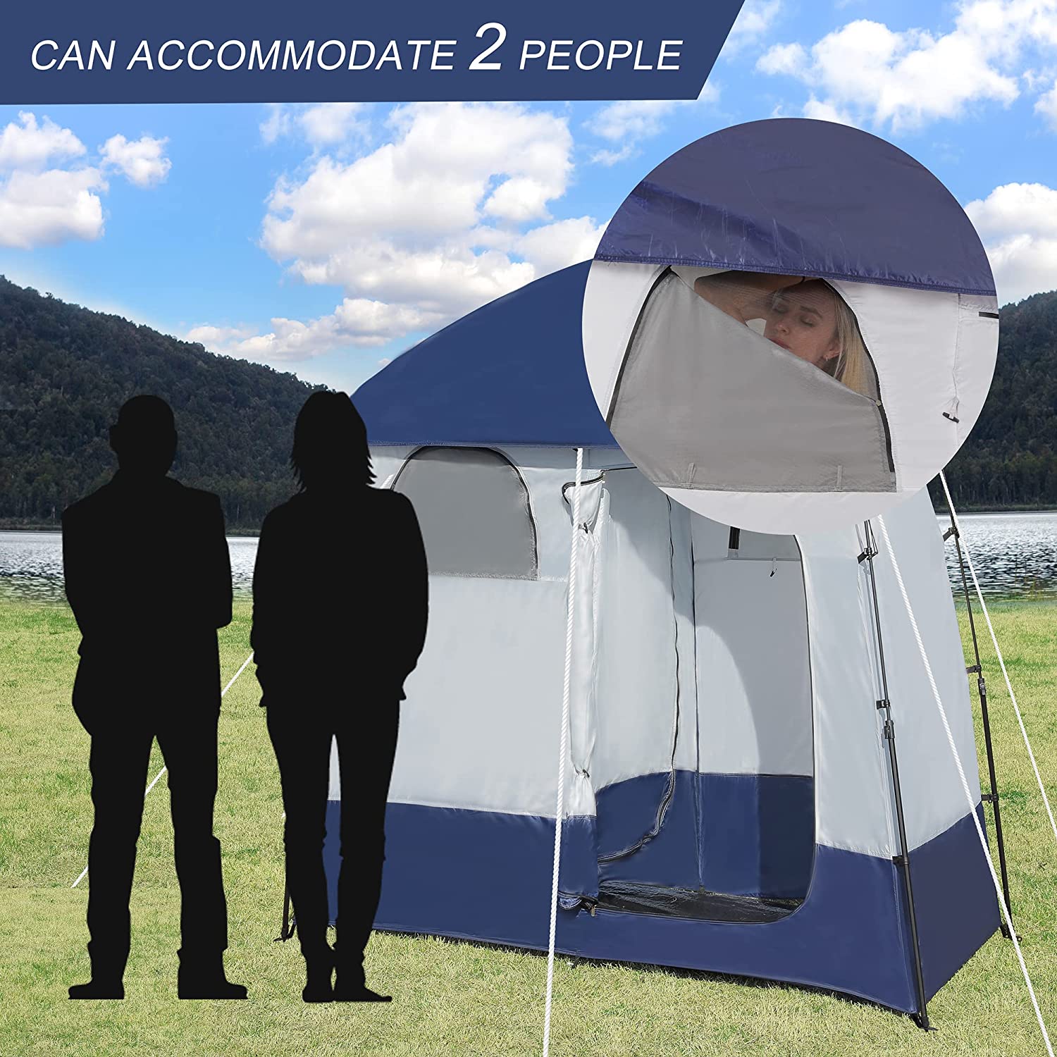 Camping Shower Tent Oversize Space Privacy Tent Portable Outdoor Shower Tents for Camping with Floor Changing Tent Dressing Room Easy Set Up Shower Privacy Shelter 2 Rooms Toilet Tent