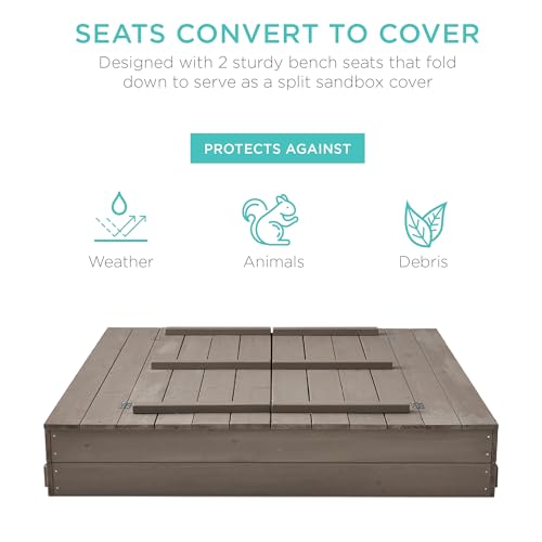 Best Choice Products Kids' Outdoor Wooden Sandbox Large, Cedar Wood with Foldable Bench Seats and Sand Protection, Bottom Liner Included - Walnut