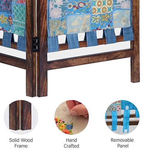 Room Divider Wood Screen - Ghanti Bells Antique Brown - 4 Panel Folding 72 x 80 - Assembled Hand Carved Decorative Functional Versatile Portable Partition Reversible Privacy Boho - COTTON CRAFT
