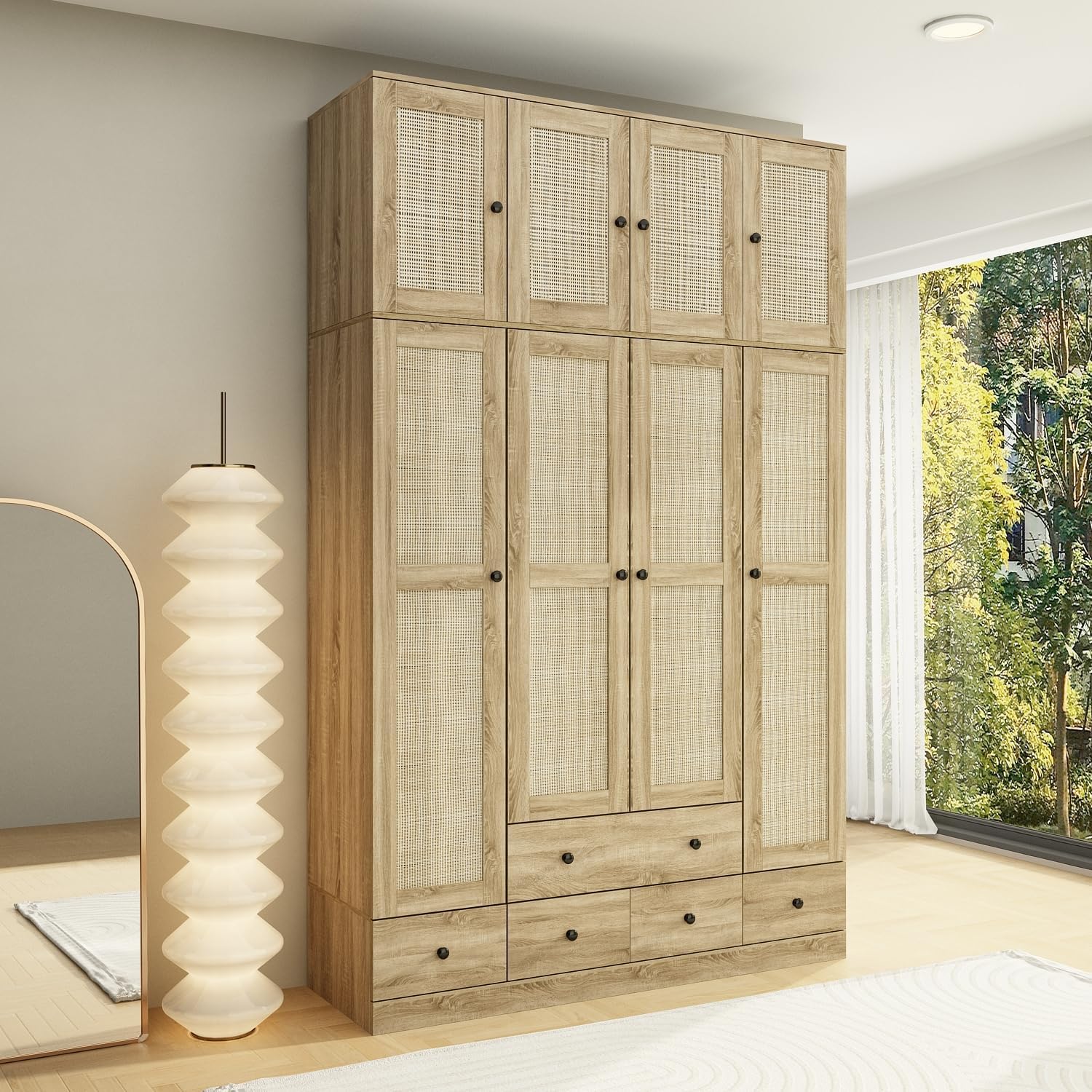 Homsee 8 Door Wardrobe Armoire Closet, Bedroom Cabinet Armoire with Rattan Doors, 5 Drawers, 2 Hanging Bars, Top Cabinets & Shelves, Light Brown