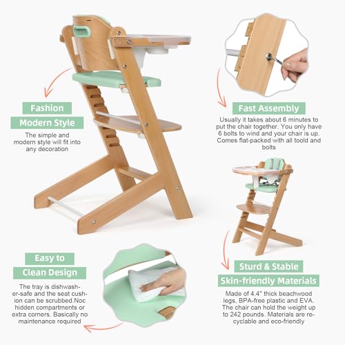 Cowiewie Natural Wooden High Chair for Babies & Toddlers 3-Tier Remove Adjustable Tray and Highchair with Cushions, Easy to Clean, Portable(Green)