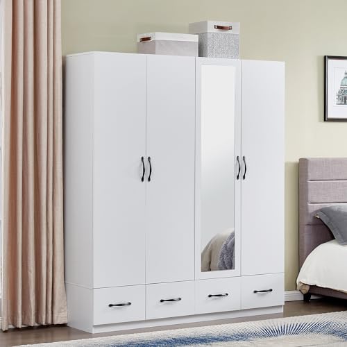4-Door Wooden Gray Armoire Wardrobe Closet with 3 Drawers for Bedroom Storage Wardrobe Closet Wood with Hanging Rod with Large Storage Wardrobe with Drawers 63" L x 20.3" W x 72" H