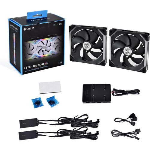 Lian Li Uni Fan SL140 with Controller 2-Pack Case Size 140mm, 1500RPM, 70 CFM, Fluid Dynamic FDB, 29 Dba, LED RGB SL140-2B
