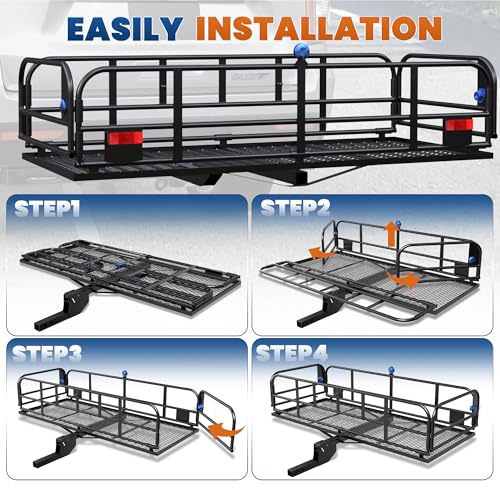 500 Lbs Folding Rack Hitch Mount Cargo Carrier, 2" Hitch Receiver, 60" x 24" x 14" Size,Bolt Lock Luggage Basket Heavy Duty Hitch Rear Trailer Cargo Rack Compatible for SUV Truck Pickup