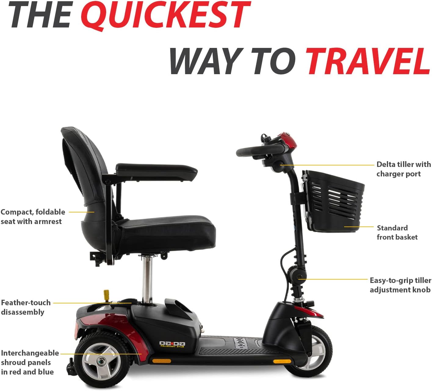 Pride Mobility Go-Go Elite Traveller 3-Wheel SC40E 12AH, Indoor & Outdoor Travel Electric Mobility Scooter w/Red & Blue Shroud Inserts for Adults, 300 lbs. WC, Up to 4 MPH, 7.25 Range Per Charge