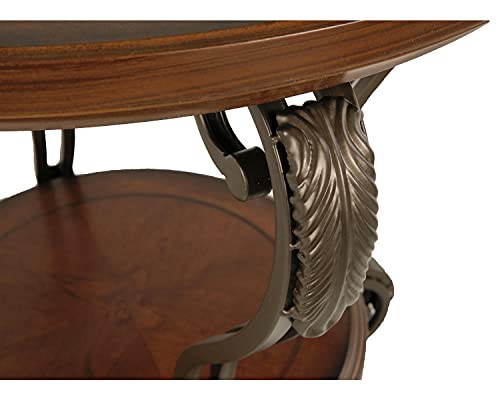 Signature Design by Ashley Nestor Traditional Oval Coffee Table with Beveled Glass Top, Scrollwork Underlay and 1 Fixed Shelf, Dark Brown