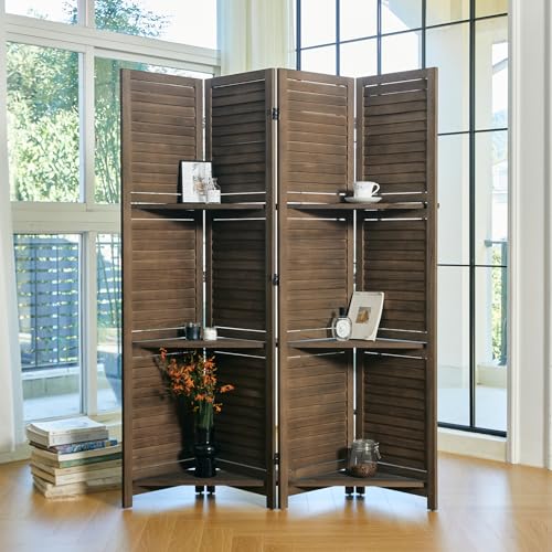 Room Divider with Shelves, 5.6 Ft Tall Folding Wood Screen with Double Hinges for Home Office Bedroom Hotel Decoration (6 Panels, Brown)