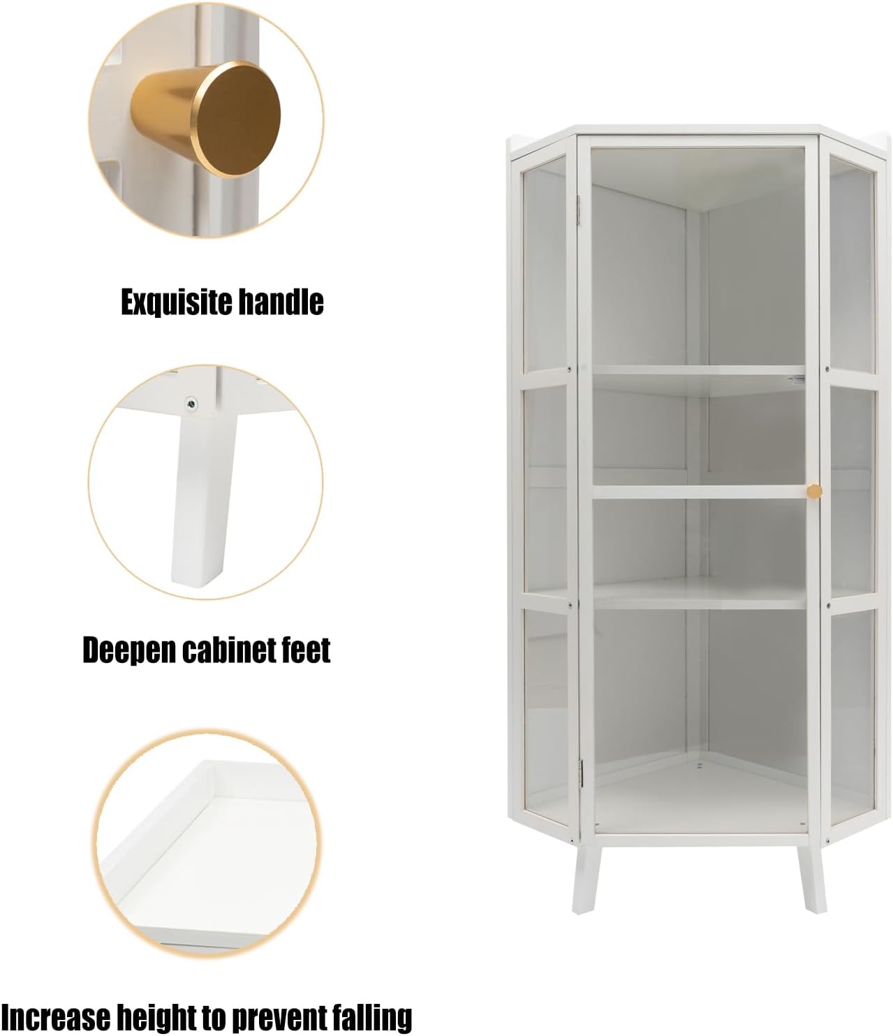 42.5" Corner Cabinet, 3-Tier Floor Storage Cabinet with Door for Kitchen Living Room Bedroom (White)