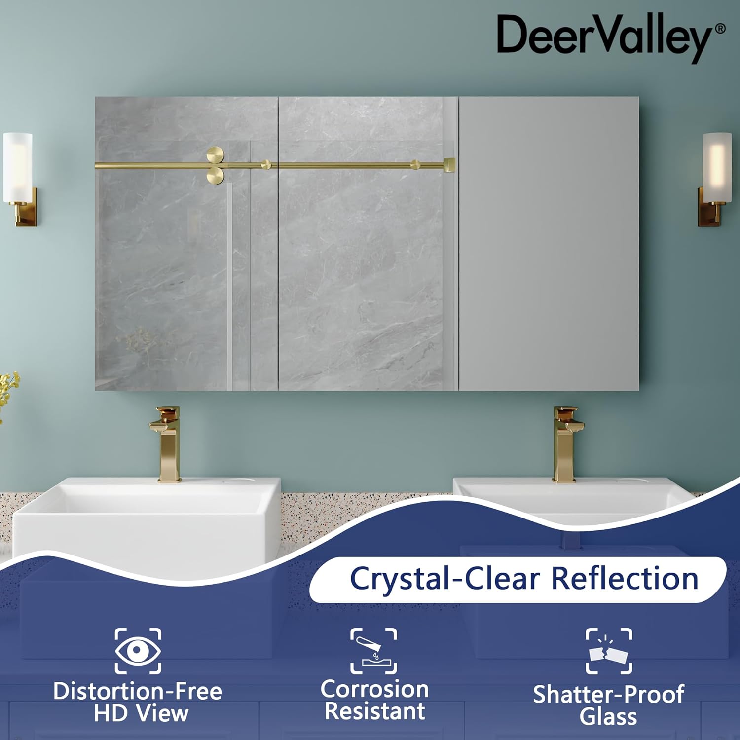 48 inch Medicine Cabinet with Mirror, DeerValley Aluminum 3 Door Mirrored Medicine Cabinet, Frameless Modern Wall Mount Mirrored Medicine Cabinets with 3 Doors and 2 Adjustable Shelves