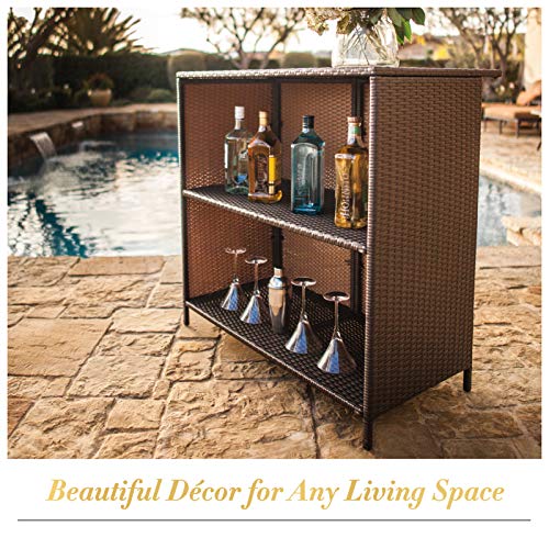 SUNCROWN Outdoor Bar Set 3-Piece Brown Wicker Patio Furniture - Glass Bar and Two Stools with Cushions for Patios, Backyards, Porches, Gardens or Poolside