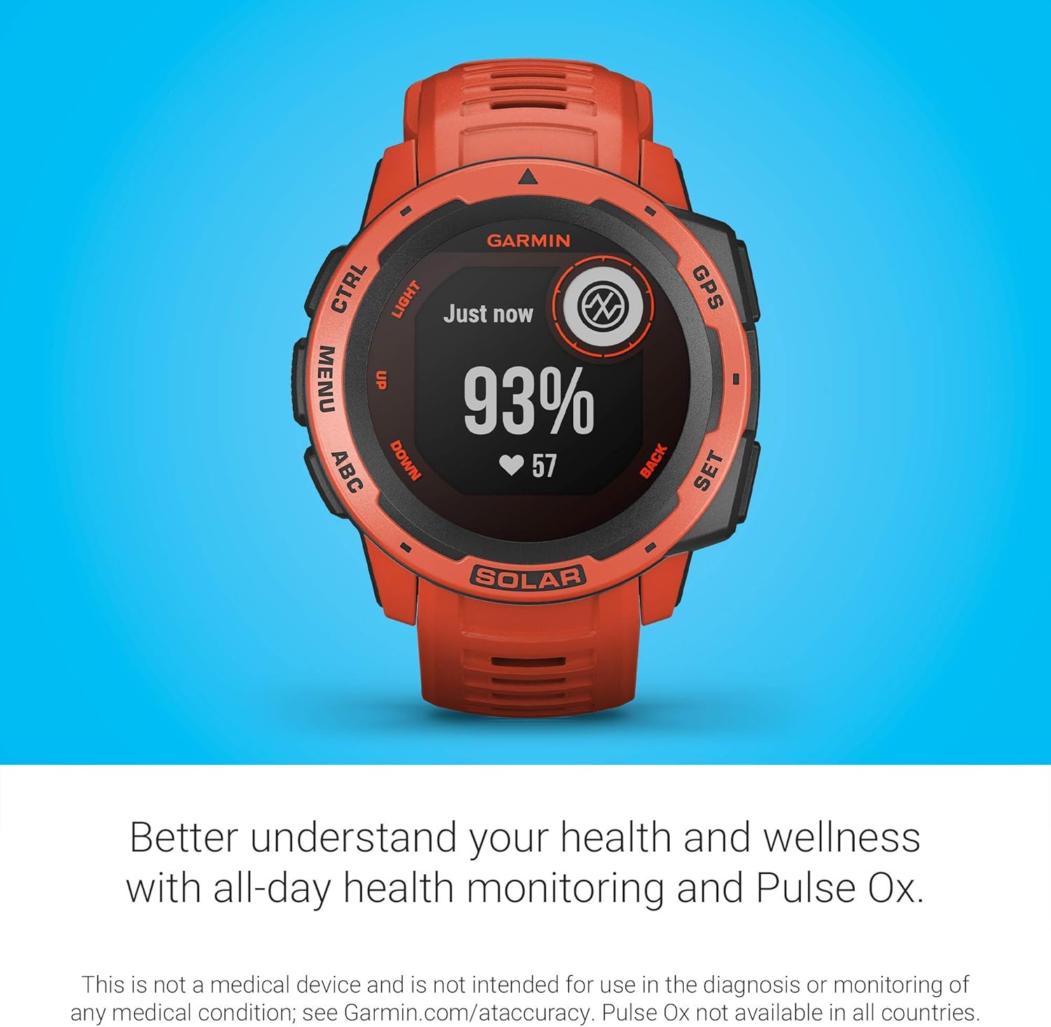 Garmin Instinct Solar, Solar-Powered Rugged Outdoor Smartwatch, Built-in Sports Apps and Health Monitoring, Flame Red (Renewed)