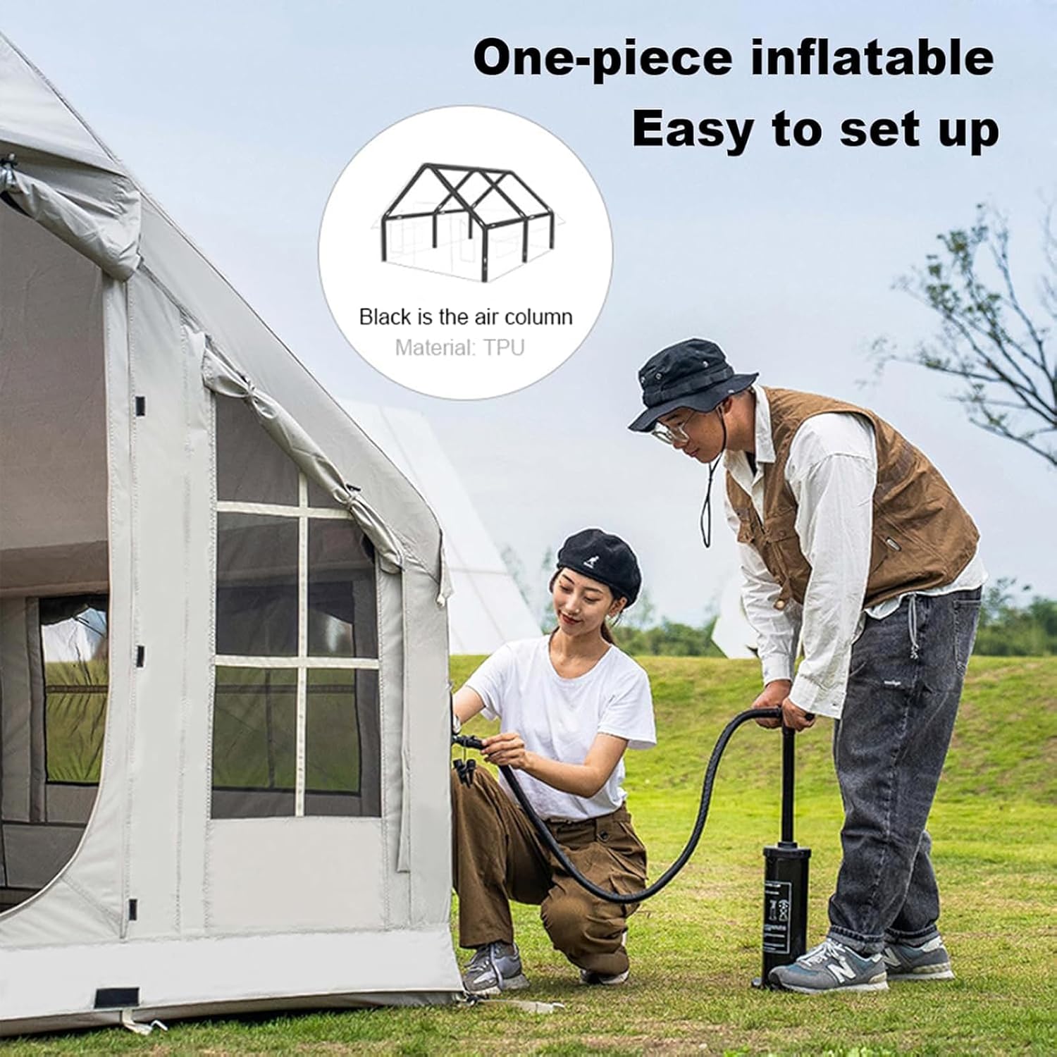 Inflatable Camping Tent with Chimney Opening, Outdoor Tent Inflatable 6-8 People with Air Pump & Skylight, Large Family Tent, 4 Seasons