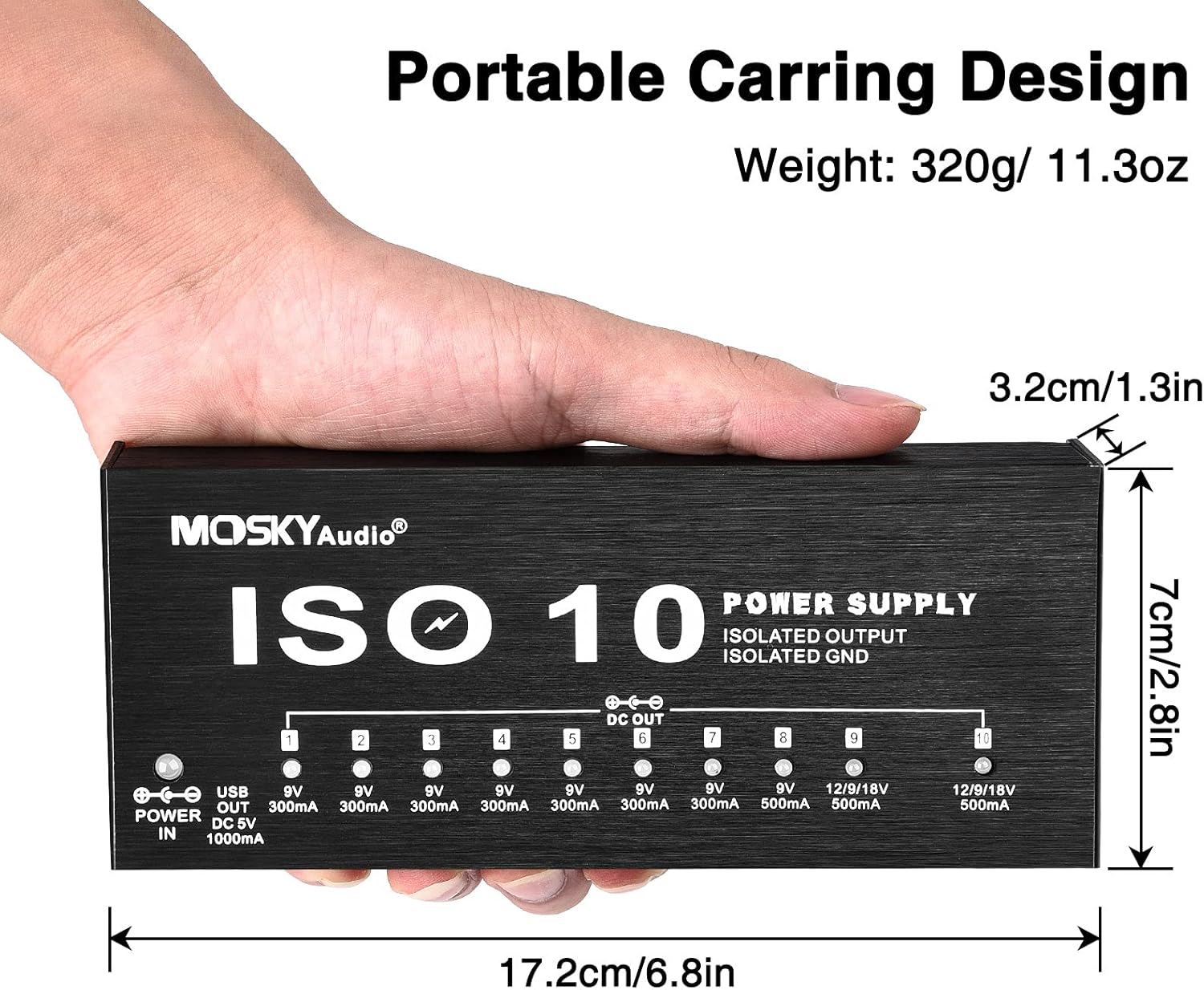 CAMOLA Mosky Guitar Pedal Power Supply 10 Isolated DC Output 9V 12V 18V 300mA 500mA Guitar Effects Pedal Board Power Supply with Short Circuit/Overcurrent Protection, 5V/1A USB Port