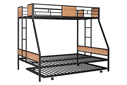 Twin Over Full Bunk with Trundle Metal Bunk Bed Frame with Slat and Guardrail, Black
