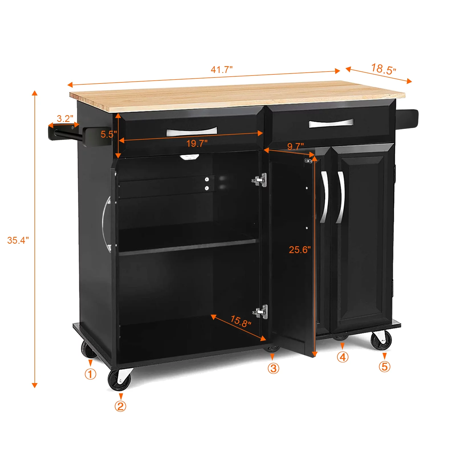Codesfir Kitchen Island with Drawers and Large Storage Cabinet, Rolling Kitchen Serving Cart with Towel Holder Utility Trolley and Adjustable Shelves, Rubber Wood Top, Easy to Assembly,(Black)
