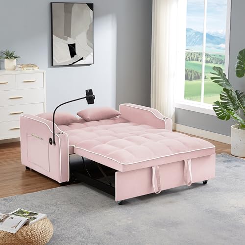 Pull Out Sofa Bed Velvet Sleeper Sofa Bed, Convertible Loveseat Sofa Bed with Reclining Backrest, USB Port, Ashtray Swivel Phone Stand and Pockets (Pink)