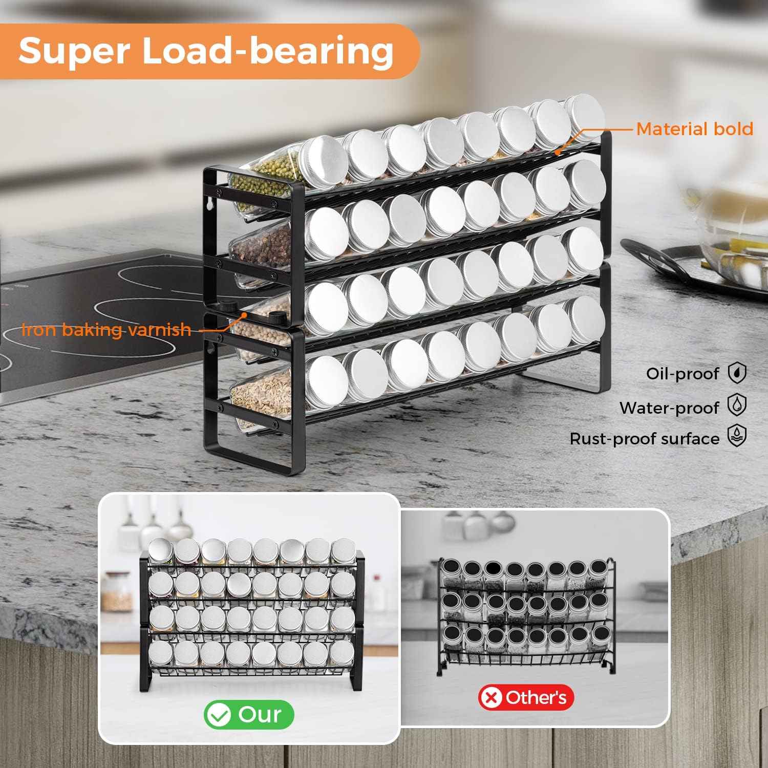JONYJ Spice Rack Organizer for Cabinet, 4-tier Spice Organizer, Expandable Seasoning Organizer, Stackable Spice Rack Wall Mount, Black Frosted Iron Countertop Spice Rack for Drawer