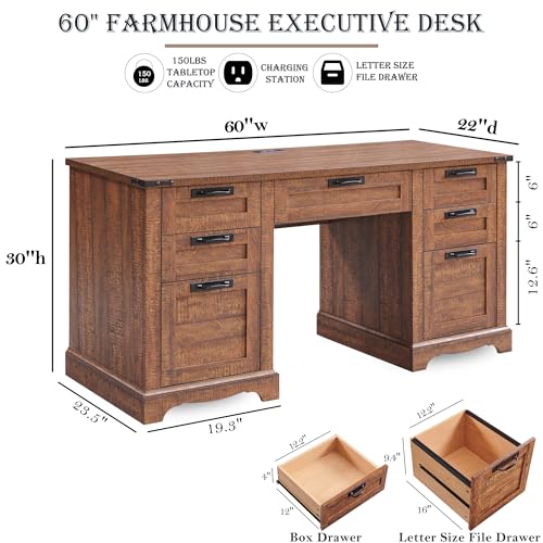 RedLemon 60" Farmhouse Executive Desk with Drawers, Wood Home Office Desk w/Charging Station, Keyboard Tray, File Drawer, Storage Cabinet, Rustic Computer Writing Desk (Natural Oak)