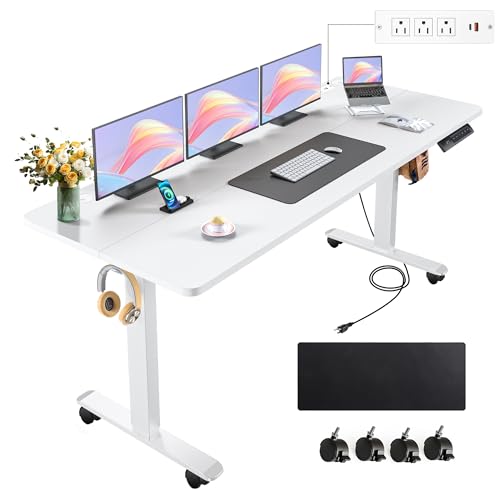 farexon Electric Standing Desk 55 x 24In with Charging Station, Stand up Desk with Oversized Mouse Pad, 2 USB Ports & 3 Power Outlets, 4 Caster, 4 Preset Heights Easy to Set（Brown）