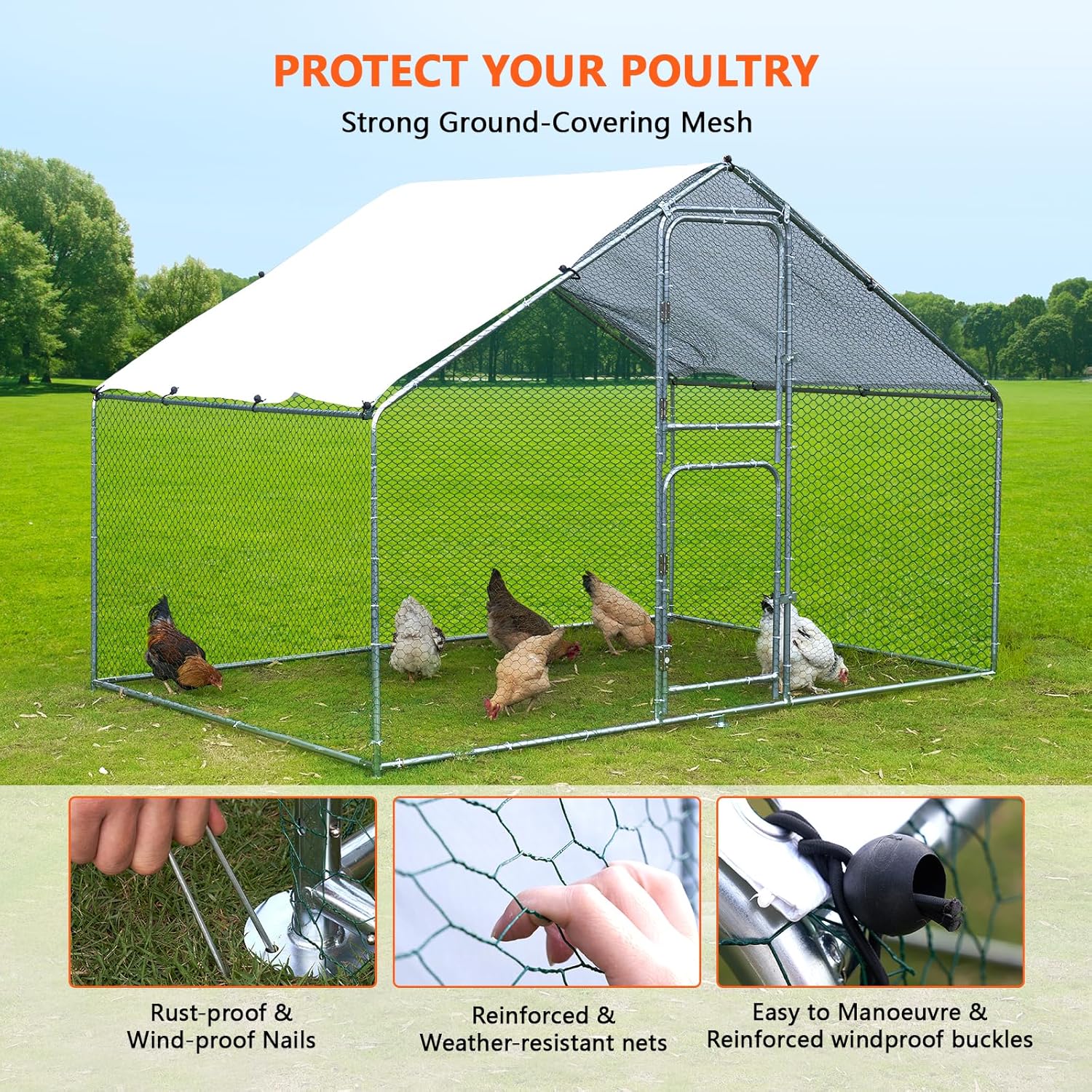 Large Metal Chicken Coop Chicken Run, Walk-in Poultry Cage Chicken Runs House, Chicken Pen with Water-Resident, Anti-UV Cover Support 15-20 Chickens, Ducks, Goose(9.8 * 6.6FT)