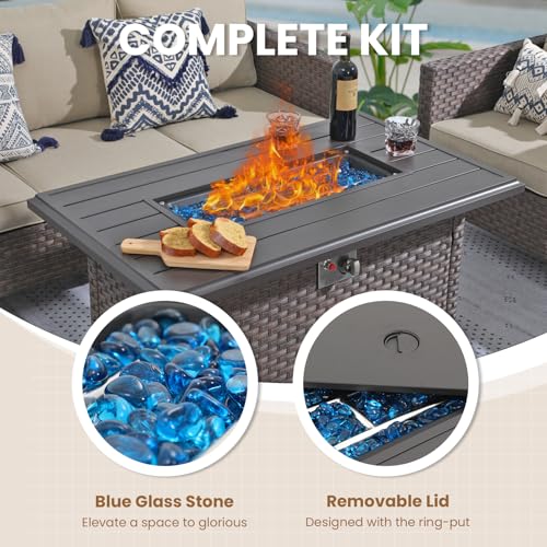SUNSITT Outdoor Fire Pit Table 43 Inch Wicker Propane Fire Pit with Aluminum Tabletop 50,000 BTU Gas Firepit with Fire Glass, Lid, Cover, Taupe Rattan