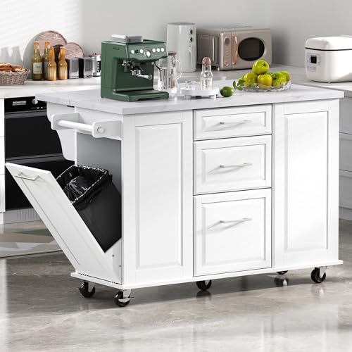60" Kitchen Island with Drop Leaf and Power Outlet, Rolling Kitchen Cart on Wheels with Trash Can Storage Cabinet, Spice Rack, Towel Rack and Adjustable Shelf for Dining Room